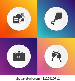 Modern, simple vector icon set on gradient backgrounds with medical, sky, equipment, restaurant, house, aid, glass, kite, alcohol, box, fun, medicine, home, health, wineglass, merlot, kit, care icons