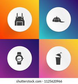Modern, simple vector icon set on gradient backgrounds with hat, hot, glass, fashion, internet, display, sport, drink, sign, touch, cook, blank, restaurant, smart, clothes, gadget, apron, watch icons