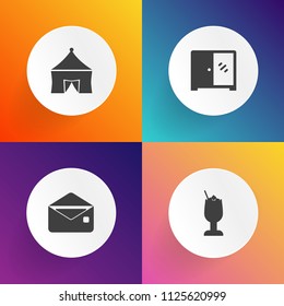 Modern, simple vector icon set on gradient backgrounds with cabinet, amusement, entertainment, beverage, lemon, fun, web, communication, message, glass, business, sign, drink, juice, internet icons
