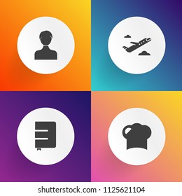 Modern, simple vector icon set on gradient backgrounds with kitchen, avatar, business, transport, chef, internet, aircraft, airport, background, space, person, blank, cap, jet, departure, book icons