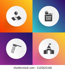 Modern, simple vector icon set on gradient backgrounds with shower, building, web, pointer, fort, oven, direction, position, place, knight, navigation, sign, wet, health, history, marker, clean icons
