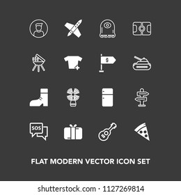 Modern, simple vector icon set on dark background with profile, lunch, sos, cartoon, arrow, holiday, music, beacon, refrigerator, danger, food, internet, emergency, foot, safety, rocket, space icons