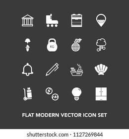 Modern, simple vector icon set on dark background with greek, war, transportation, europe, oven, bell, kitchen, energy, write, cargo, sign, sea, finance, alarm, military, currency, shipping, fun icons