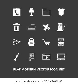Modern, simple vector icon set on dark background with web, cart, lamp, kid, baby, shorts, internet, shop, heavy, knife, clothing, garbage, retail, kilogram, mobile, template, child, trash, home icons