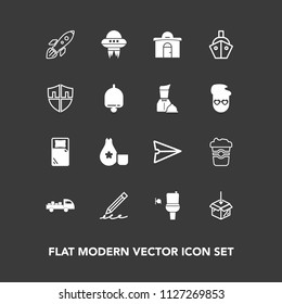 Modern, simple vector icon set on dark background with mug, truck, vessel, spaceship, spacecraft, ufo, upload, drink, real, pen, delivery, internet, toilet, email, rocket, technology, web, japan icons