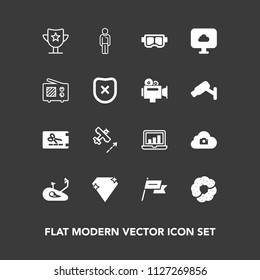 Modern, simple vector icon set on dark background with flight, man, computer, bicycle, mask, chart, photo, reward, wind, travel, dessert, gem, sea, plane, cloud, template, country, sweet, award icons
