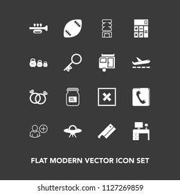 Modern, simple vector icon set on dark background with book, ball, cooler, aluminum, sound, office, business, football, white, axe, american, drink, alien, calculator, desk, spaceship, container icons