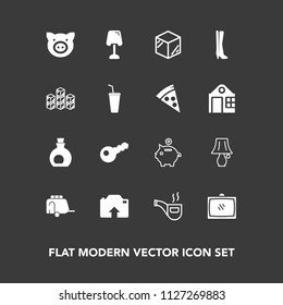 Modern, simple vector icon set on dark background with finance, vehicle, investment, transport, healthy, bank, money, packaging, piglet, swine, tobacco, retro, food, box, package, product, photo icons