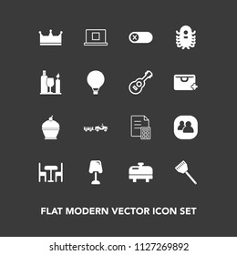 Modern, simple vector icon set on dark background with monster, sweet, people, team, switch, finance, money, web, water, cake, table, business, fiction, banking, equipment, sign, delivery, alien icons