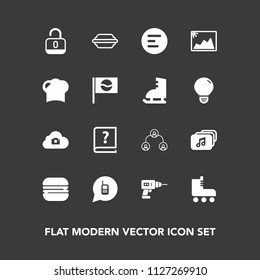 Modern, simple vector icon set on dark background with open, file, snack, old, fun, telephone, photo, hamburger, hierarchy, cheeseburger, communication, business, pen, lock, music, menu, book icons