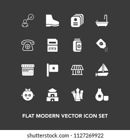 Modern, simple vector icon set on dark background with complete, timetable, baby, culture, identity, schedule, america, nation, cuisine, travel, estate, pagoda, online, building, profile, toy icons