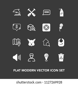 Modern, simple vector icon set on dark background with location, child, baby, boy, bunny, ocean, chat, estate, audio, garbage, infant, travel, toy, online, sound, oar, speech, map, up, male, man icons