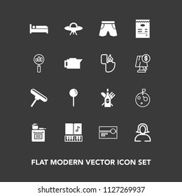 Modern, simple vector icon set on dark background with cassette, ufo, woman, drink, travel, drop, red, modern, music, spaceship, flag, planet, template, lady, space, pin, brush, sound, bed, food icons