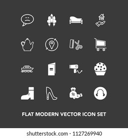 Modern, simple vector icon set on dark background with boat, dryer, room, technology, boot, bubble, hair, cake, candy, book, message, paper, food, female, house, lollipop, rocket, chat, foot icons