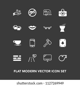 Modern, simple vector icon set on dark background with transport, phone, road, axe, clean, van, coffee, cappuccino, technology, business, vehicle, care, tool, cup, air, poker, conditioner, game icons