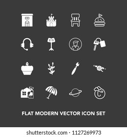 Modern, simple vector icon set on dark background with grain, plant, orbit, military, space, food, agriculture, chair, gun, housework, estate, fahrenheit, real, sand, cleaner, protection, weapon icons