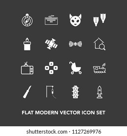 Modern, simple vector icon set on dark background with ufo, lamp, play, sea, light, safety, east, travel, direction, green, technology, keyboard, child, pram, carriage, transportation, baby, tv icons
