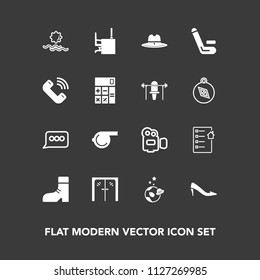 Modern, simple vector icon set on dark background with work, handle, table, glass, foot, nature, sign, object, white, female, morning, business, sunrise, document, landscape, shoe, contract, sun icons