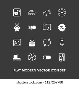 Modern, simple vector icon set on dark background with lock, sand, professional, toy, hygiene, arrow, boat, plastic, business, deactivate, speaker, turn, brush, people, phone, style, person, sea icons