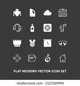 Modern, simple vector icon set on dark background with cyborg, luxury, file, can, sign, headset, winner, award, fun, folder, cloud, sport, home, watch, office, microphone, space, play, estate icons