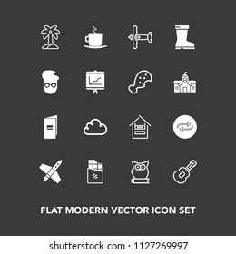 Modern, Simple Vector Icon Set On Dark Background With Owl, Brochure, Concept, War, Cup, Book, Cart, Military, White, Plane, Palm, Supermarket, Music, Technology, Coffee, Paper, Cloud, Cafe, Bar Icons