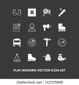 Modern, simple vector icon set on dark background with baseball, cigarette, document, no, bus, equipment, service, hammer, hotel, fashion, estate, sunglasses, bedroom, footwear, adventure, food icons