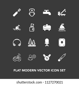 Modern, simple vector icon set on dark background with game, water, medical, interior, audio, business, chair, environment, forest, pen, crane, landscape, pan, car, profile, navigation, online icons