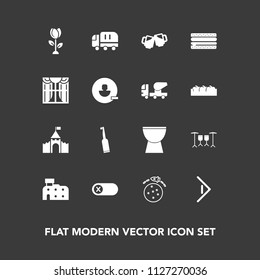 Modern, simple vector icon set on dark background with space, blossom, arrow, drum, percussion, nature, food, button, sign, music, switch, truck, toothbrush, floral, deactivate, building, house icons