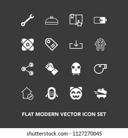 Modern, simple vector icon set on dark background with open, sign, kitty, real, luggage, whistle, fiction, human, bag, share, hand, sailboat, space, tool, social, animal, water, boiler, spanner icons