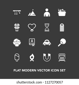 Modern, simple vector icon set on dark background with car, nature, railway, flame, office, cook, contact, man, transport, train, bonfire, ping, table, pendulum, rice, ice, hot, agriculture, boy icons