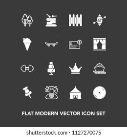 Modern, Simple Vector Icon Set On Dark Background With Tent, Doughnut, Map, Boat, Royal, Disc, Sweet, Music, Fitness, Cake, Exercise, Old, Sound, Food, Dvd, Water, Phone, King, Sport, Vintage Icons