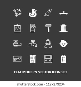 Modern, simple vector icon set on dark background with list, cute, estate, woman, audio, sad, house, child, helicopter, building, air, tap, business, web, checklist, kid, bag, astronomy, tape icons