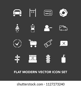 Modern, simple vector icon set on dark background with party, finger, chat, market, athlete, soap, sport, credit, car, cake, light, people, showing, check, green, lamp, liquid, money, commerce icons