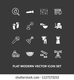 Modern, simple vector icon set on dark background with online, station, spanner, night, watermelon, dress, seafood, real, bag, musical, luggage, wrench, estate, equality, shirt, communication icons