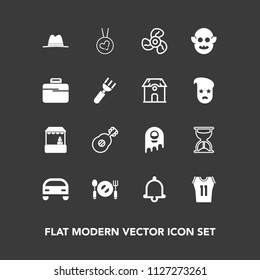 Modern, Simple Vector Icon Set On Dark Background With Hat, Market, Music, Basketball, Shop, Clock, Bell, Alien, Business, Bag, Spoon, Fiction, Guitar, Sport, Necklace, Briefcase, Love, Car, Ufo Icons