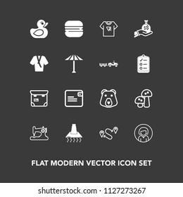 Modern, simple vector icon set on dark background with nature, destination, child, purse, travel, fashion, edible, lady, pretty, print, toy, wild, bear, dollar, people, grizzly, food, sandwich icons