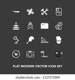 Modern, simple vector icon set on dark background with technology, handle, camera, electric, film, hammer, retail, orbit, video, light, white, space, tool, hipster, wrench, fashion, bottle, cart icons