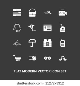 Modern, simple vector icon set on dark background with ball, airplane, jacket, football, dove, animal, old, departure, bag, umbrella, fashion, retail, hippie, surfing, vest, game, newspaper icons