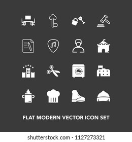Modern, simple vector icon set on dark background with lock, milk, nutrition, bottle, plastic, vintage, shovel, hotel, restaurant, housework, cut, fashion, clothing, city, law, tool, document icons