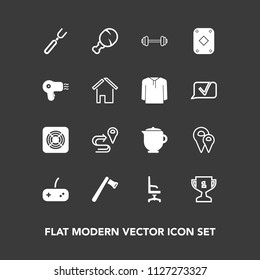 Modern, simple vector icon set on dark background with fan, tea, chair, construction, axe, navigation, home, fitness, snack, chicken, spoon, place, meal, first, road, interior, teapot, dinner icons