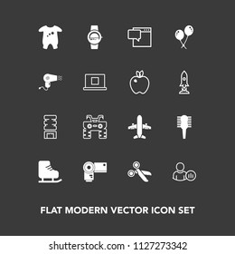 Modern, simple vector icon set on dark background with internet, quad, hair, online, white, gadget, clothes, ice, kid, extreme, watch, social, container, cut, child, status, comb, atv, message icons