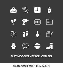 Modern, simple vector icon set on dark background with time, kettle, perfume, foot, footwear, scale, hour, hydrant, boot, beauty, soap, message, temperature, store, fire, safety, business, fun icons