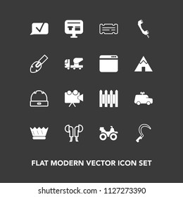 Modern, simple vector icon set on dark background with entertainment, video, play, car, child, crown, equipment, luxury, protection, dirt, technology, royal, audio, queen, head, ticket, fashion icons