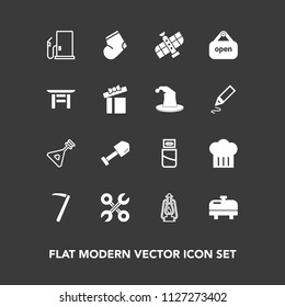 Modern, simple vector icon set on dark background with heater, fashion, boiler, instrument, musical, wrench, metal, lamp, orbit, string, fuel, repair, plug, music, home, equipment, socks, petrol icons