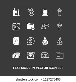 Modern, simple vector icon set on dark background with sos, poker, magic, fly, blank, europe, game, telephone, transport, alcohol, famous, tag, frame, beauty, folder, , circle, label, drink, bug icons
