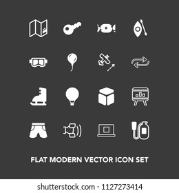 Modern, simple vector icon set on dark background with business, mobile, kayaking, ice, food, fire, web, activity, winter, template, wear, profile, home, equipment, cube, shorts, kayak, sky, map icons