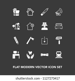 Modern, simple vector icon set on dark background with elegance, aircraft, dental, roll, bow, home, web, package, record, axe, business, desk, box, pen, office, transportation, tool, travel, tie icons