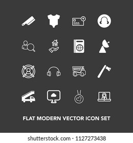 Modern, simple vector icon set on dark background with concept, love, truck, necklace, child, kid, tool, marketing, communication, clothes, screwdriver, call, dumper, customer, vehicle, cutlery icons