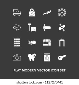 Modern, simple vector icon set on dark background with astronomy, sweet, supermarket, photography, machine, beautiful, roller, chocolate, xray, market, food, space, grocery, store, scan, key icons