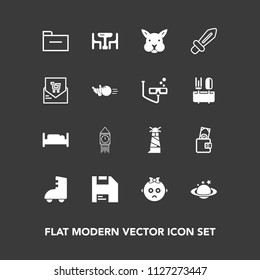 Modern, simple vector icon set on dark background with table, roller, earth, lighthouse, bedroom, business, family, food, storage, furniture, bunny, money, double, document, skating, bed, wallet icons